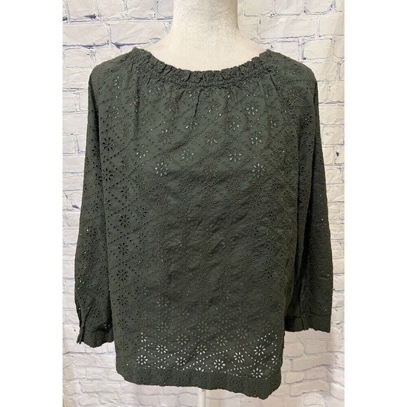 Gap Olive Green Eyelet Three-Quarter Sleeve Top Blouse Oversized Size Small Tall - Picture 1 of 6